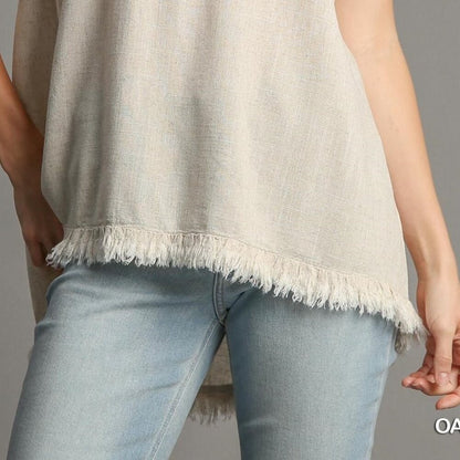 Embroidered Sleeves Linen Cotton Blend Round Neck w/ Frayed High Low Hem