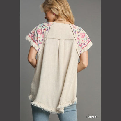 Embroidered Sleeves Linen Cotton Blend Round Neck w/ Frayed High Low Hem