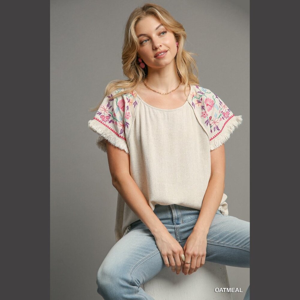 Embroidered Sleeves Linen Cotton Blend Round Neck w/ Frayed High Low Hem