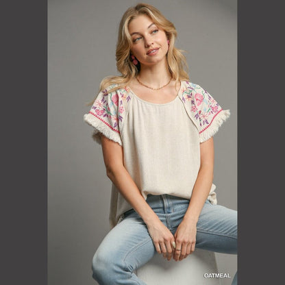 Embroidered Sleeves Linen Cotton Blend Round Neck w/ Frayed High Low Hem