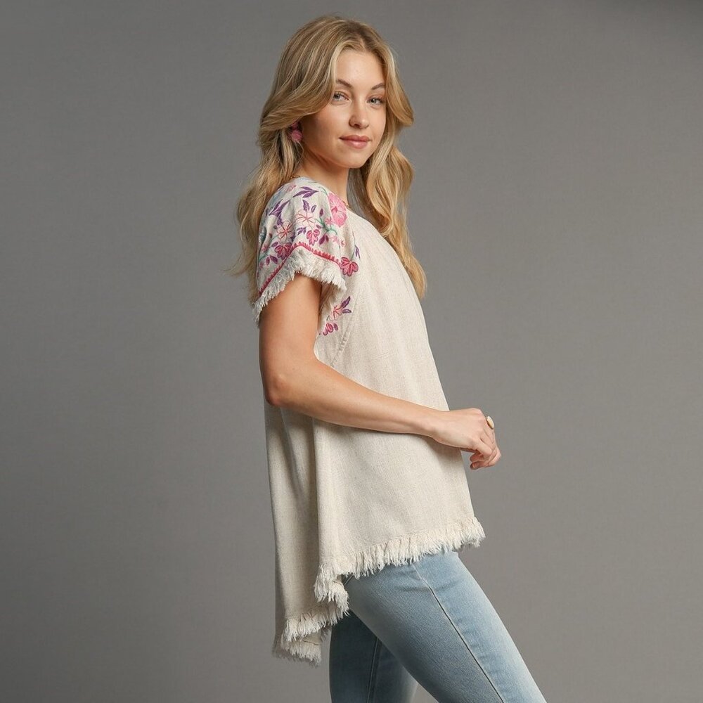 Embroidered Sleeves Linen Cotton Blend Round Neck w/ Frayed High Low Hem