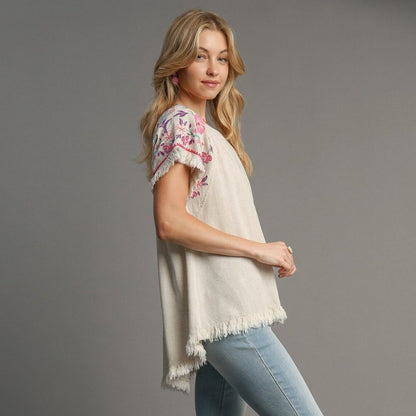 Embroidered Sleeves Linen Cotton Blend Round Neck w/ Frayed High Low Hem