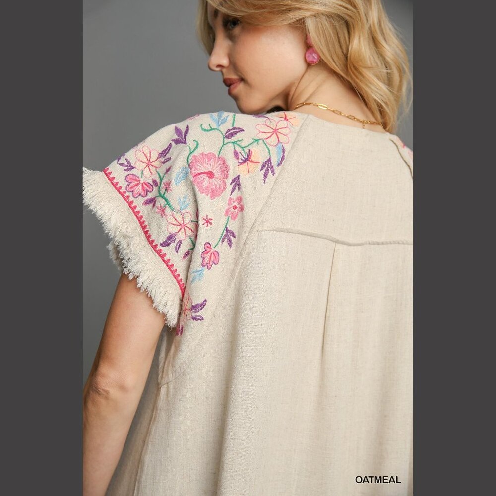 Embroidered Sleeves Linen Cotton Blend Round Neck w/ Frayed High Low Hem
