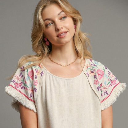 Embroidered Sleeves Linen Cotton Blend Round Neck w/ Frayed High Low Hem