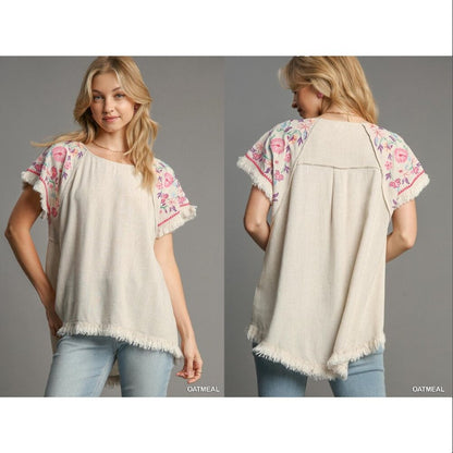 Embroidered Sleeves Linen Cotton Blend Round Neck w/ Frayed High Low Hem