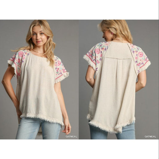 Embroidered Sleeves Linen Cotton Blend Round Neck w/ Frayed High Low Hem