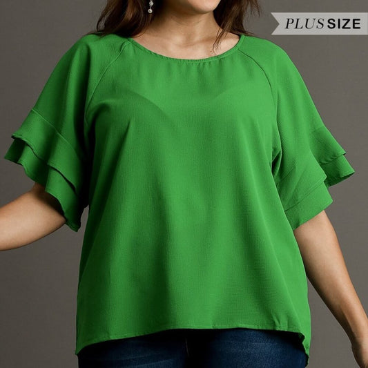 Layered Ruffle Sleeve Top / Blouse - Boxy Cut - Wide Round Neck - Grass Green