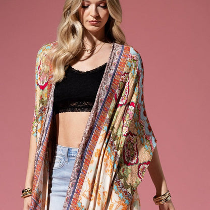 Detailed Floral & Demask Print Kimono on Jacquard Fabric w Golden Fringe Tassels