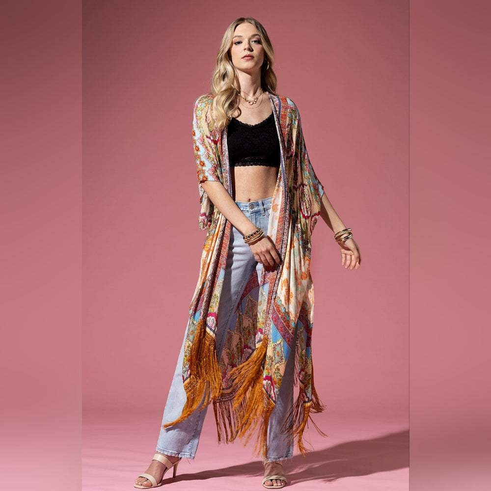 Detailed Floral & Demask Print Kimono on Jacquard Fabric w Golden Fringe Tassels
