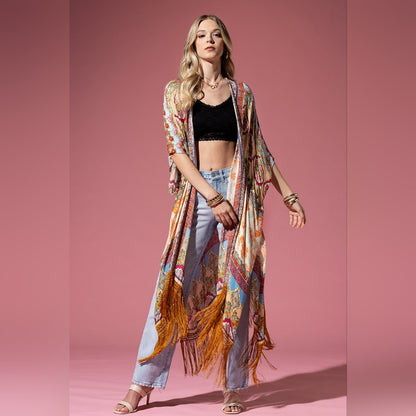 Detailed Floral & Demask Print Kimono on Jacquard Fabric w Golden Fringe Tassels
