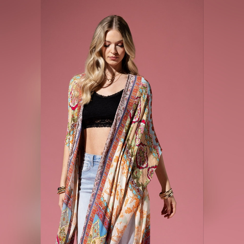 Detailed Floral & Demask Print Kimono on Jacquard Fabric w Golden Fringe Tassels