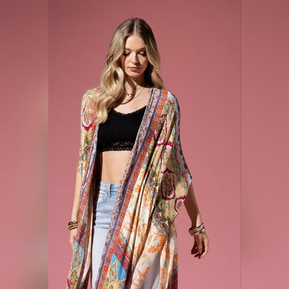 Detailed Floral & Demask Print Kimono on Jacquard Fabric w Golden Fringe Tassels