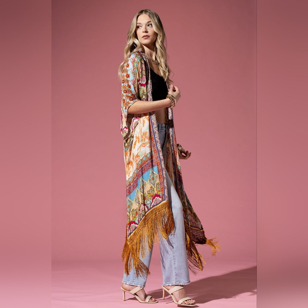 Detailed Floral & Demask Print Kimono on Jacquard Fabric w Golden Fringe Tassels