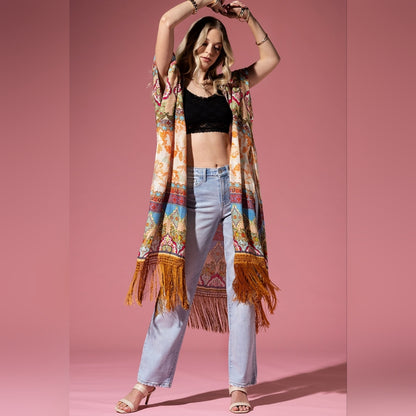 Detailed Floral & Demask Print Kimono on Jacquard Fabric w Golden Fringe Tassels