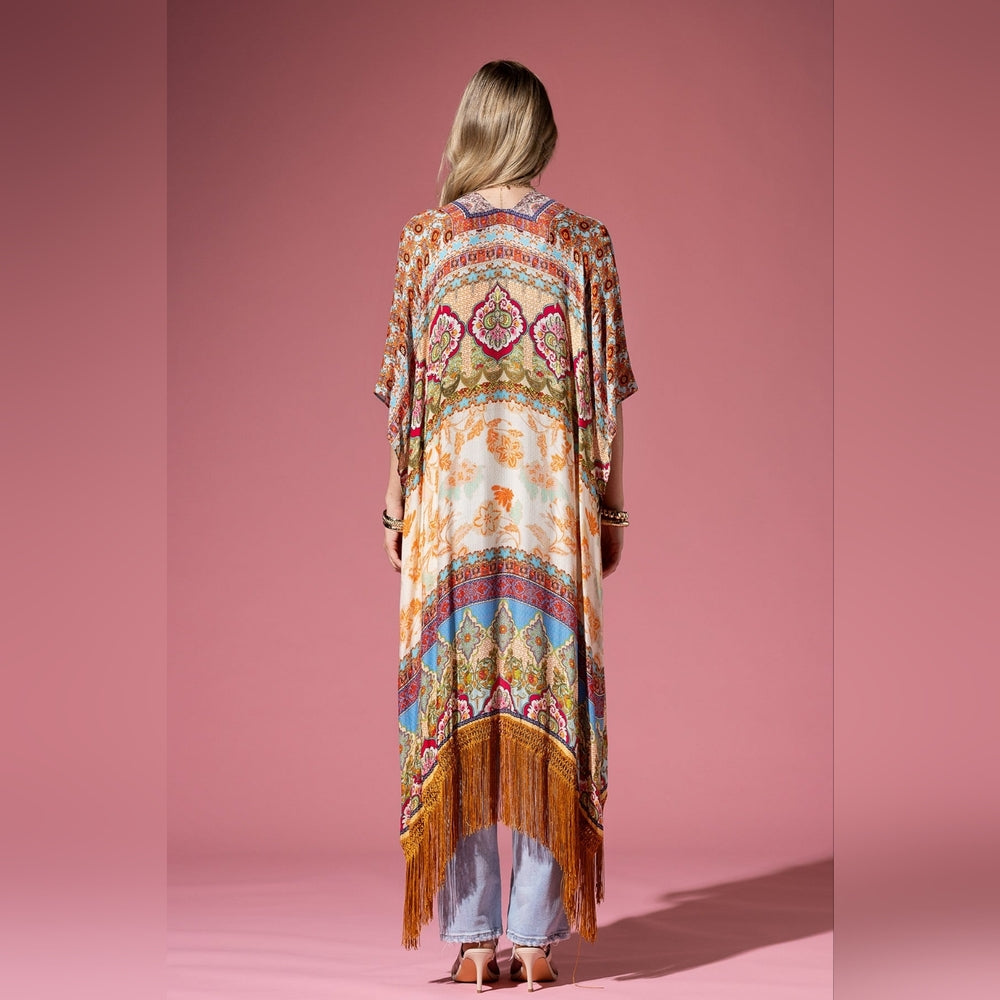 Detailed Floral & Demask Print Kimono on Jacquard Fabric w Golden Fringe Tassels
