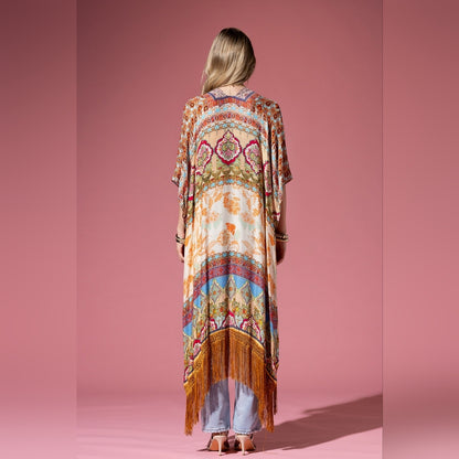 Detailed Floral & Demask Print Kimono on Jacquard Fabric w Golden Fringe Tassels