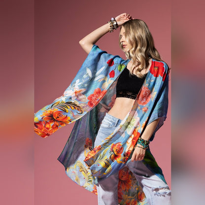 Dreamy Floral Print Kimono - Watercolor Effect Background - Soft Silky Material