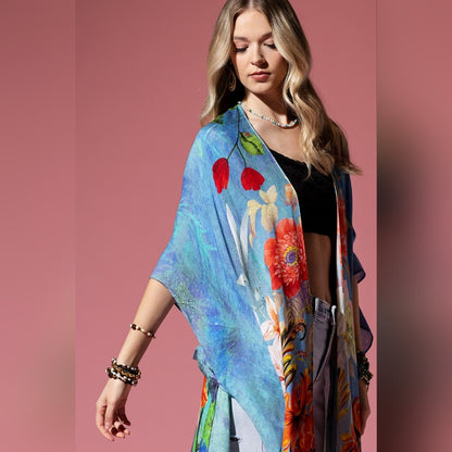Dreamy Floral Print Kimono - Watercolor Effect Background - Soft Silky Material