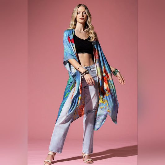 Dreamy Floral Print Kimono - Watercolor Effect Background - Soft Silky Material