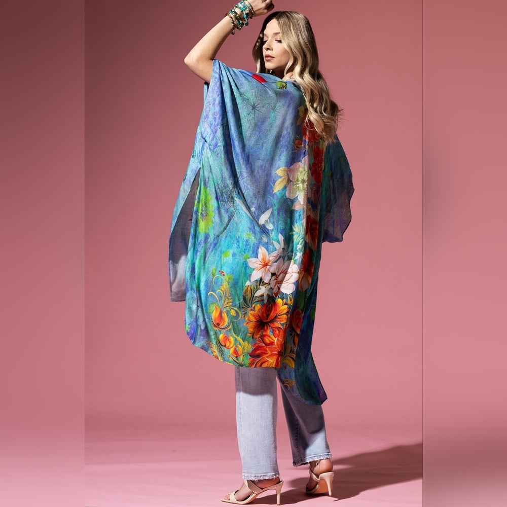 Dreamy Floral Print Kimono - Watercolor Effect Background - Soft Silky Material