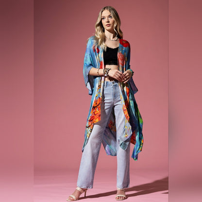 Dreamy Floral Print Kimono - Watercolor Effect Background - Soft Silky Material