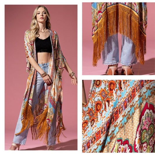 Detailed Floral & Demask Print Kimono on Jacquard Fabric w Golden Fringe Tassels