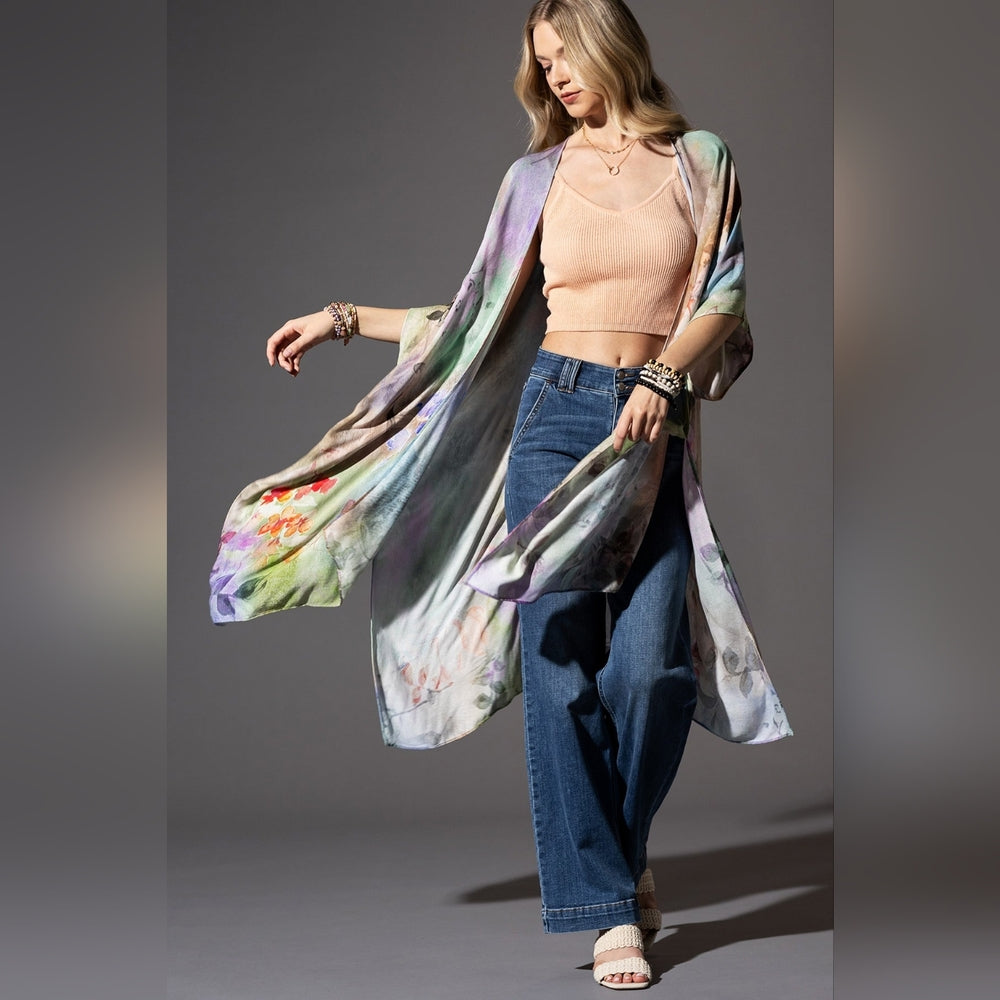Beautiful Floral Print Kimono - Watercolor Effect Background - Soft & Silky