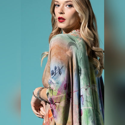 Beautiful Floral Print Kimono - Watercolor Effect Background - Soft & Silky