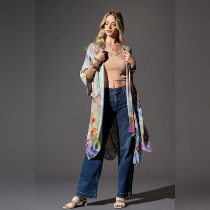 Beautiful Floral Print Kimono - Watercolor Effect Background - Soft & Silky