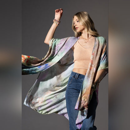 Beautiful Floral Print Kimono - Watercolor Effect Background - Soft & Silky