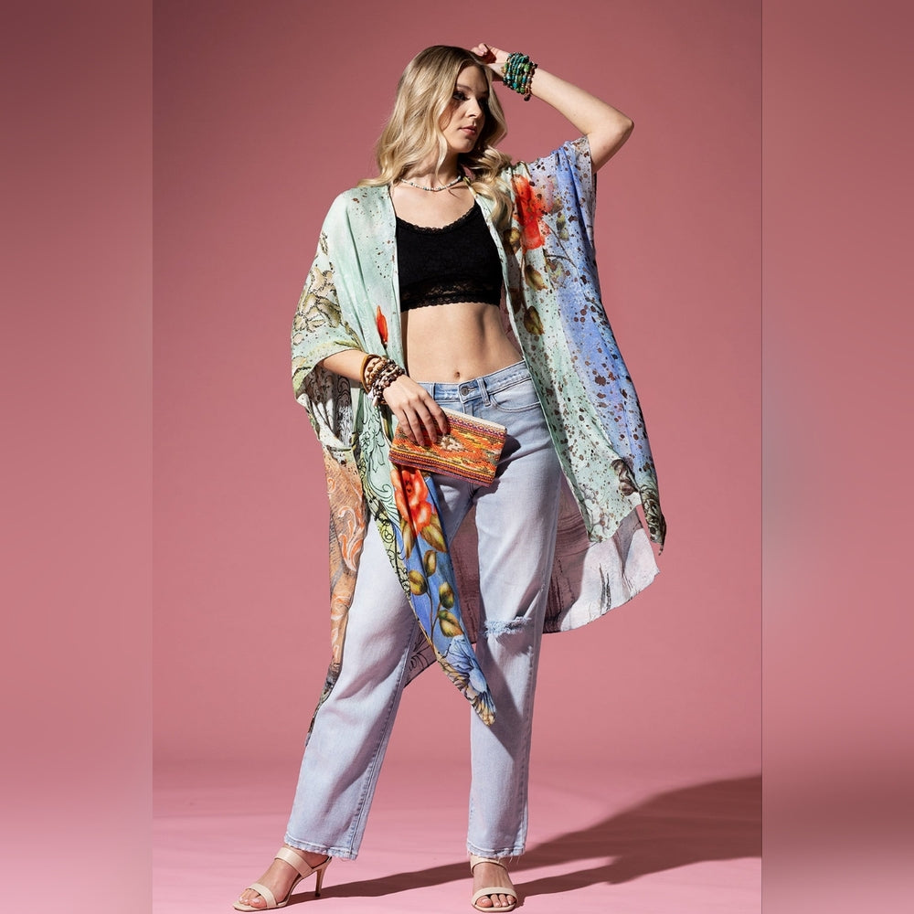 Floral Print Lightweight Kimono - Watercolor Effect Background - Soft & Silky