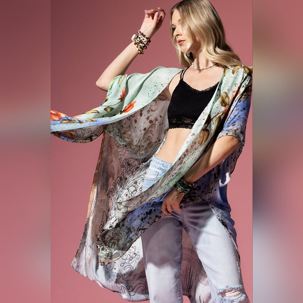 Floral Print Lightweight Kimono - Watercolor Effect Background - Soft & Silky