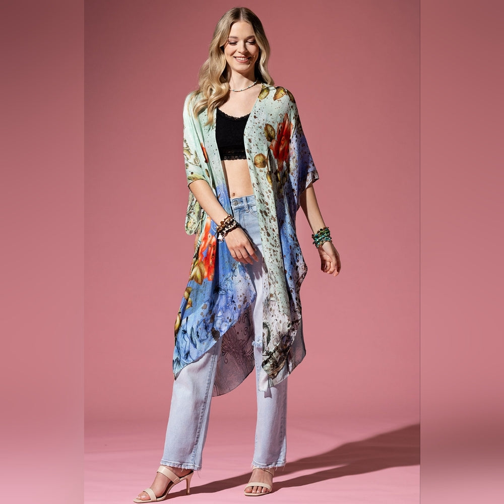 Floral Print Lightweight Kimono - Watercolor Effect Background - Soft & Silky