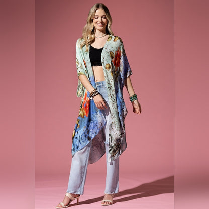 Floral Print Lightweight Kimono - Watercolor Effect Background - Soft & Silky