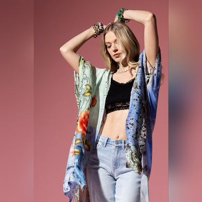 Floral Print Lightweight Kimono - Watercolor Effect Background - Soft & Silky