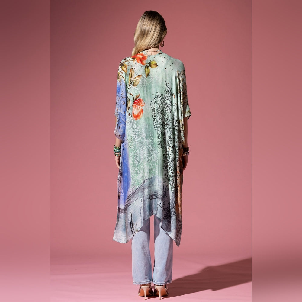 Floral Print Lightweight Kimono - Watercolor Effect Background - Soft & Silky