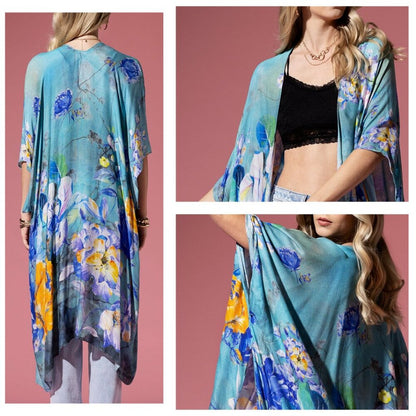 Colorful Floral Print Lightweight Kimono - Watercolor Effect Background