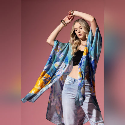 Colorful Floral Print Lightweight Kimono - Watercolor Effect Background