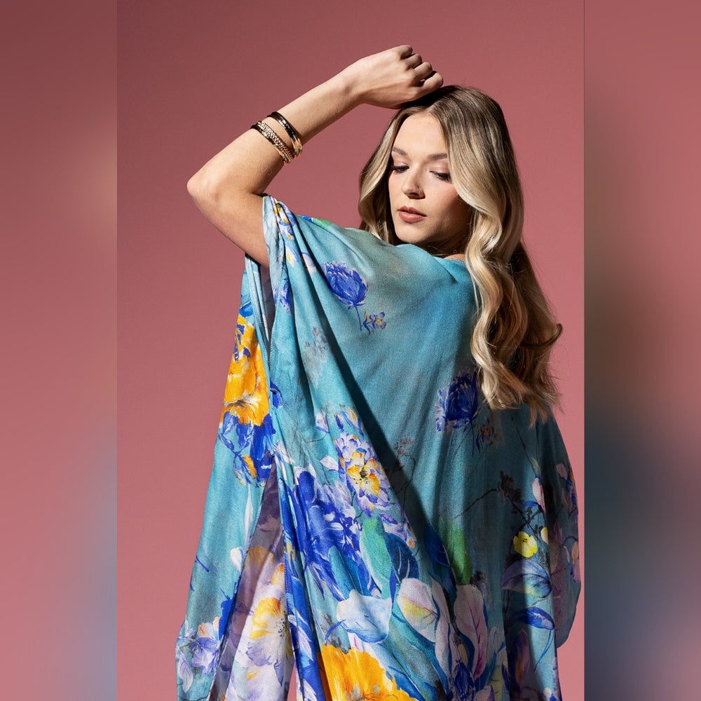 Colorful Floral Print Lightweight Kimono - Watercolor Effect Background