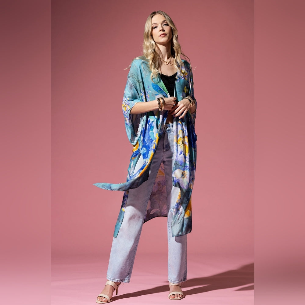 Colorful Floral Print Lightweight Kimono - Watercolor Effect Background