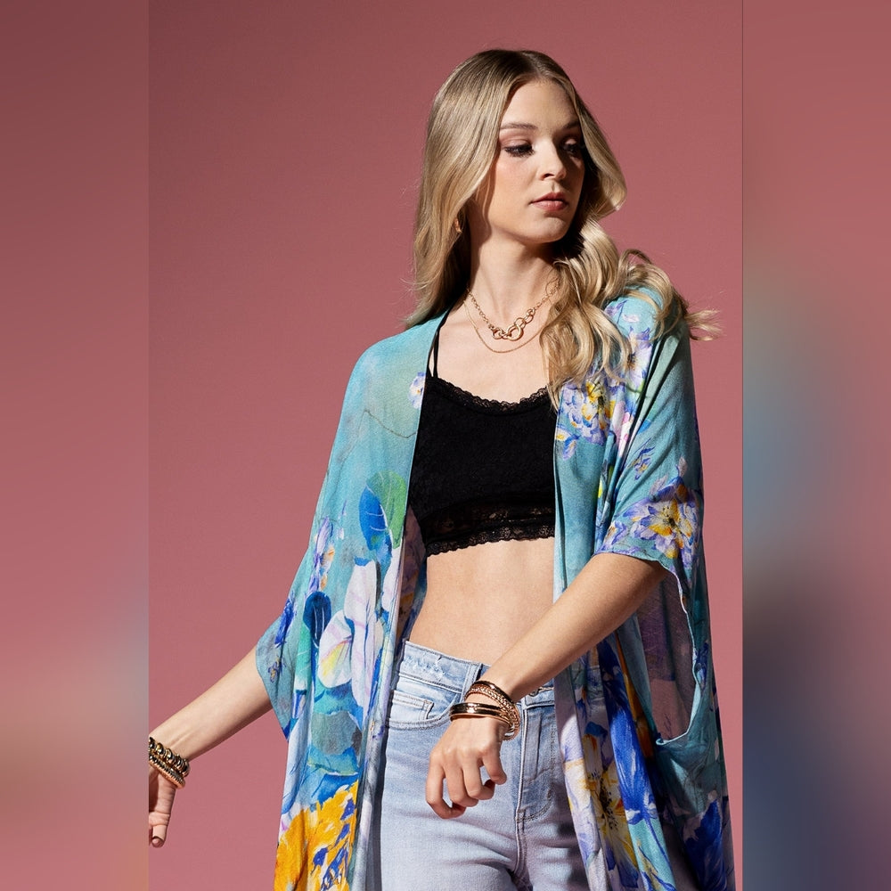 Colorful Floral Print Lightweight Kimono - Watercolor Effect Background