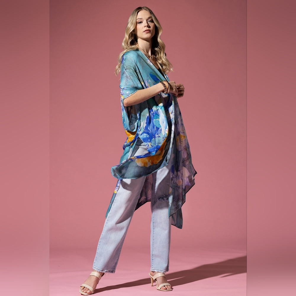 Colorful Floral Print Lightweight Kimono - Watercolor Effect Background