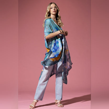 Colorful Floral Print Lightweight Kimono - Watercolor Effect Background