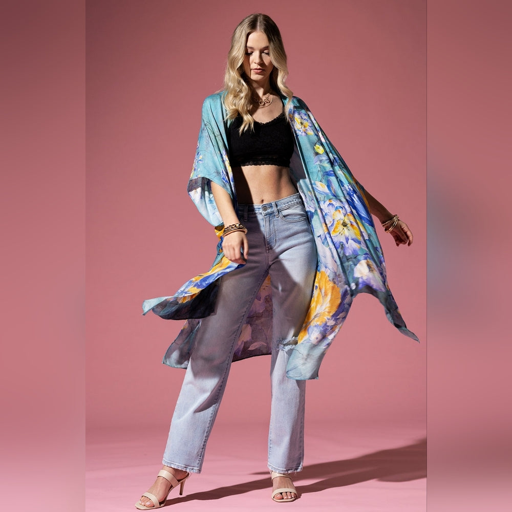 Colorful Floral Print Lightweight Kimono - Watercolor Effect Background