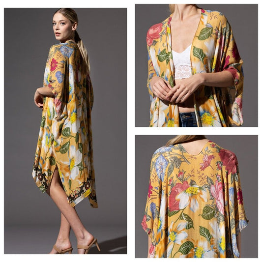 Soft & Silky Kimono - Colorful Floral Print - Dark Floral Border - Lightweight