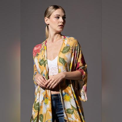 Soft & Silky Kimono - Colorful Floral Print - Dark Floral Border - Lightweight
