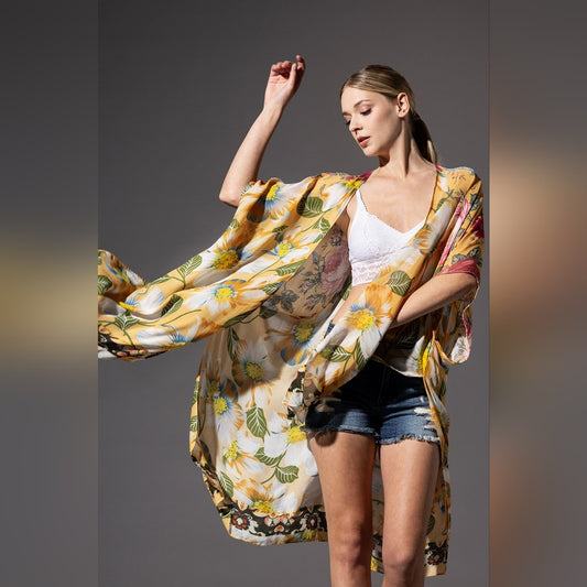 Soft & Silky Kimono - Colorful Floral Print - Dark Floral Border - Lightweight