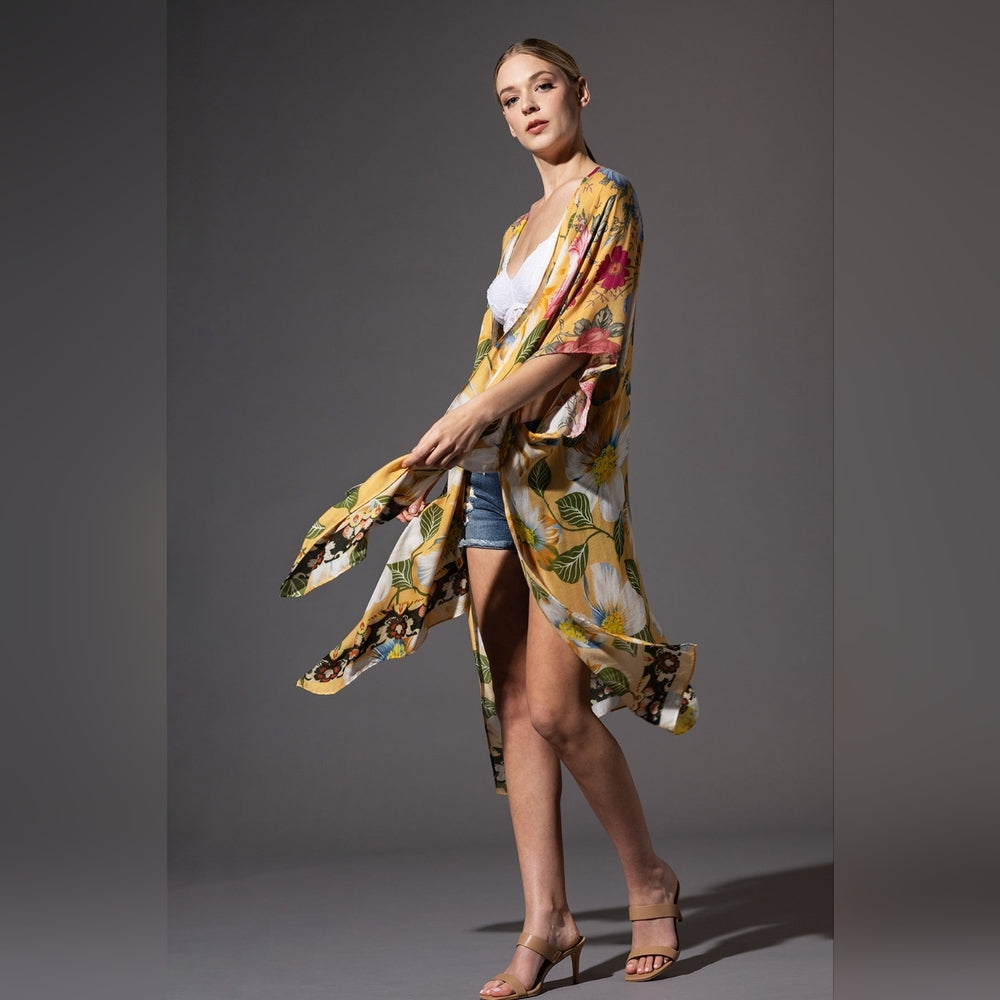 Soft & Silky Kimono - Colorful Floral Print - Dark Floral Border - Lightweight