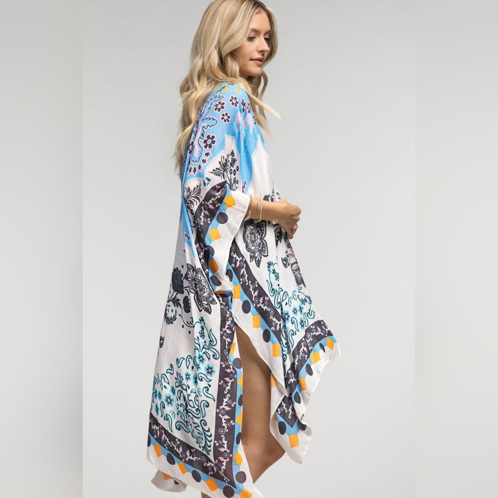 Sky Blue Paisley & Floral Print Silky Kimono w/ Geometric Shapes Border