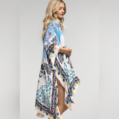 Sky Blue Paisley & Floral Print Silky Kimono w/ Geometric Shapes Border